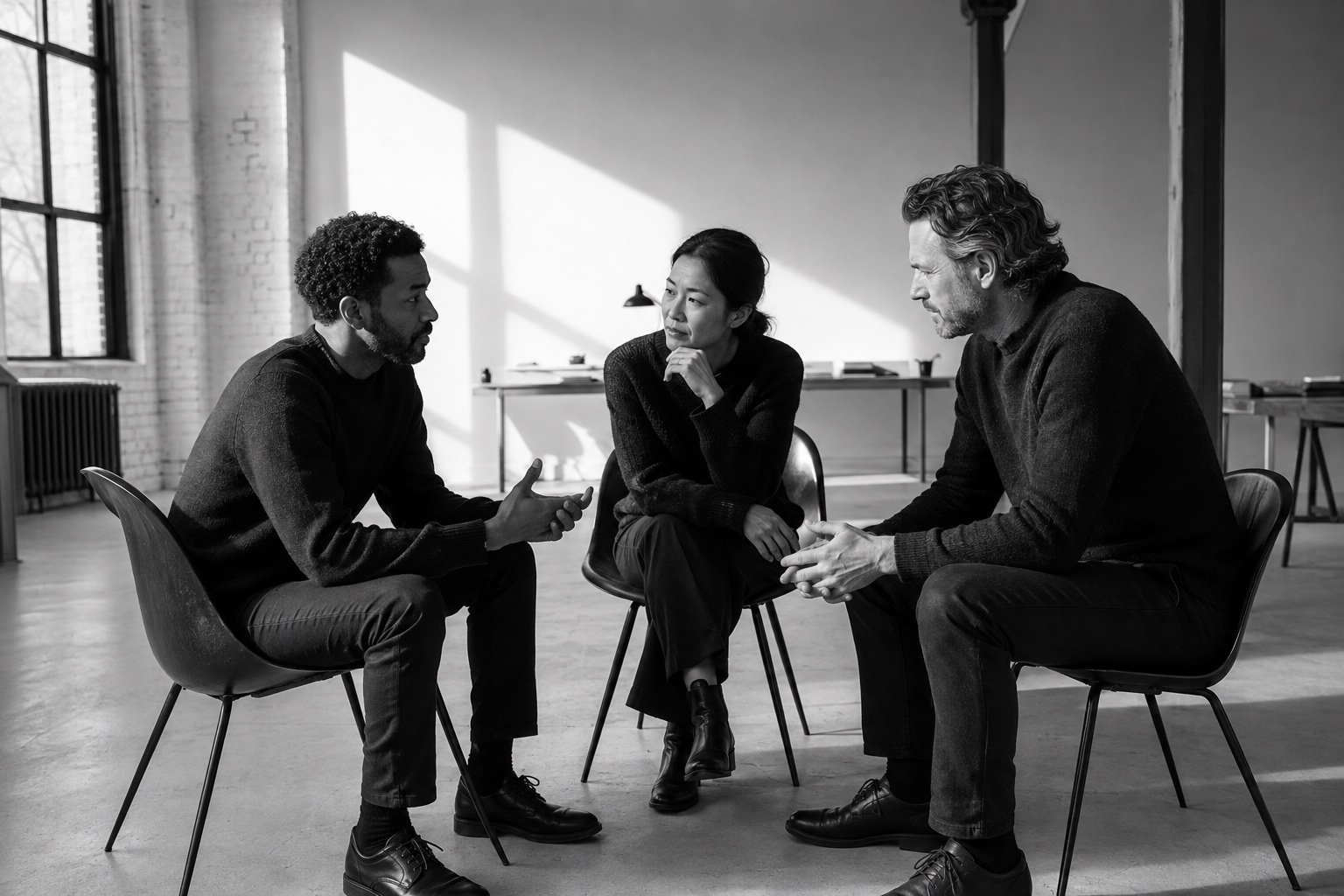 Three fictional founders in a candid office conversation